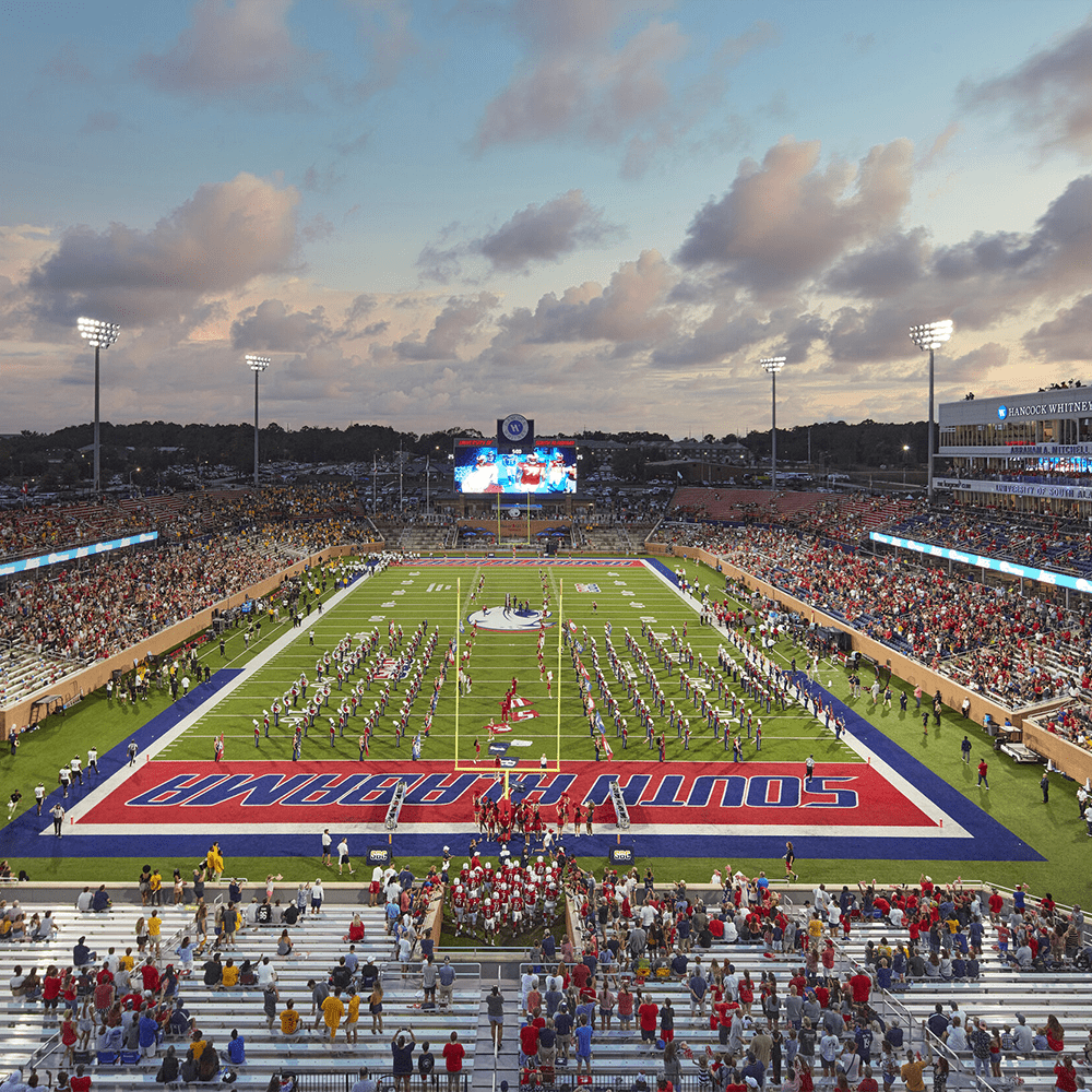 Hancock whitney stadium sunbelt conference champions mobile university of south alabama football touchdown jaguars yardline end zone mobile sports field grass sports alabama ncaa division i